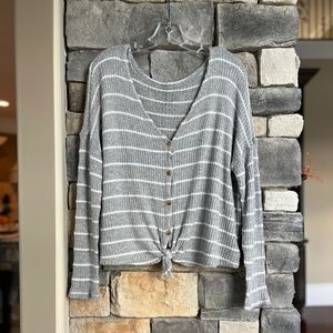 American Eagle Plush Waffle Knit Top Button-Down Tie Front Gray Striped, Medium